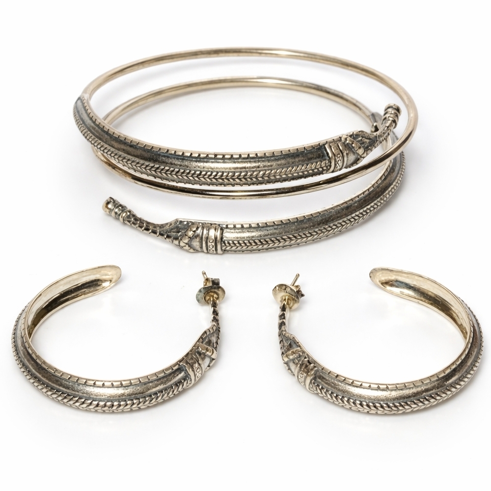 David Anderson Viking Era Sterling 925 Spiral Bracelet Hoop Earrings Set 53.6g